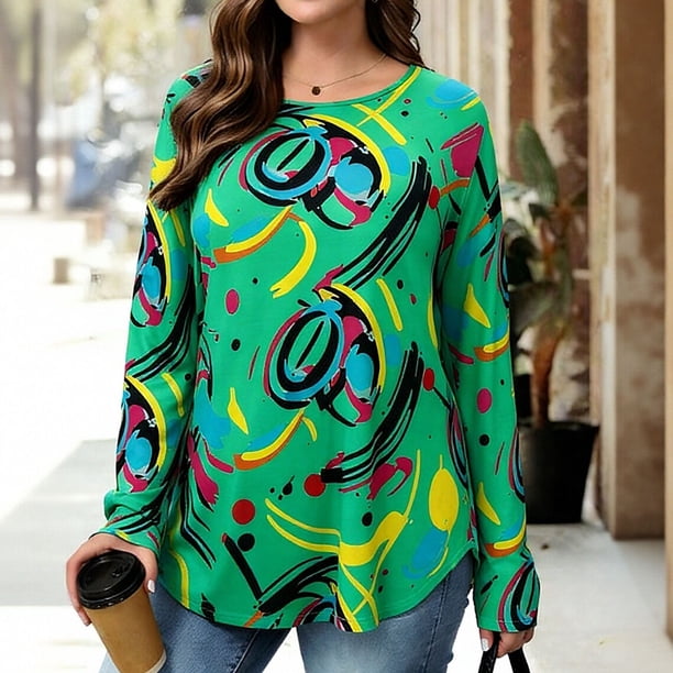TaTaai Stretchy Lightweight Printed Women's Loose Fit Long Sleeve Round Neck Top Sophisticated for Commute Work Daily Casual Gift