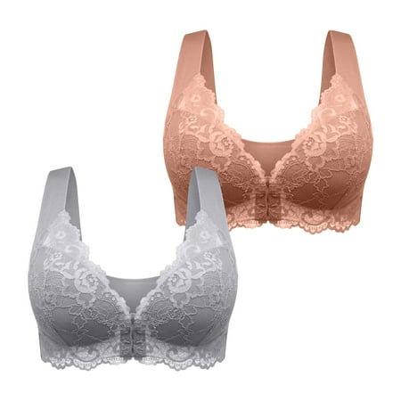 Crunowin Women s Plus Size Bra 2 Pack  Sexy Lace Full Coverage Front Open Buckle Traceless Breathable Comfort Daily Underwear Coffee XXXXL