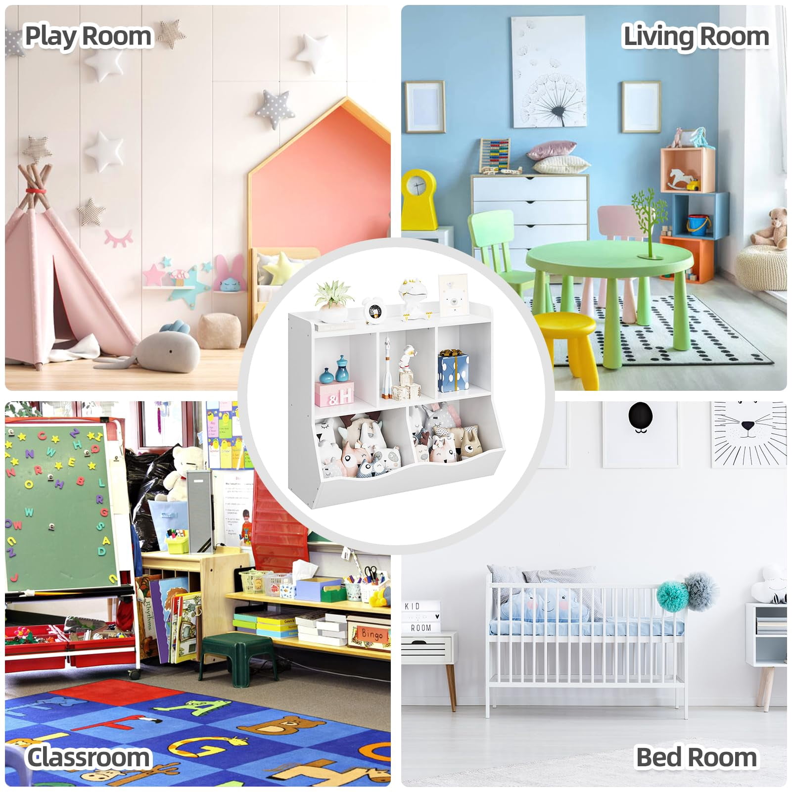 Kids Toy Storage with Bookshelves, Multifunctional Toy Storage Organizer, Toys Box with 5 Storage Compartments, Kids Bookcases Cabinets for Playroom, Bedroom, Nursery, Preschool