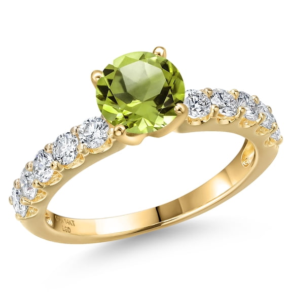 Gem Stone King 14K Yellow Gold Green Peridot and Lab Grown Diamond Engagement Ring for Women | 1.65 Cttw | Round 6MM | Gemstone August Birthstone | Size 9