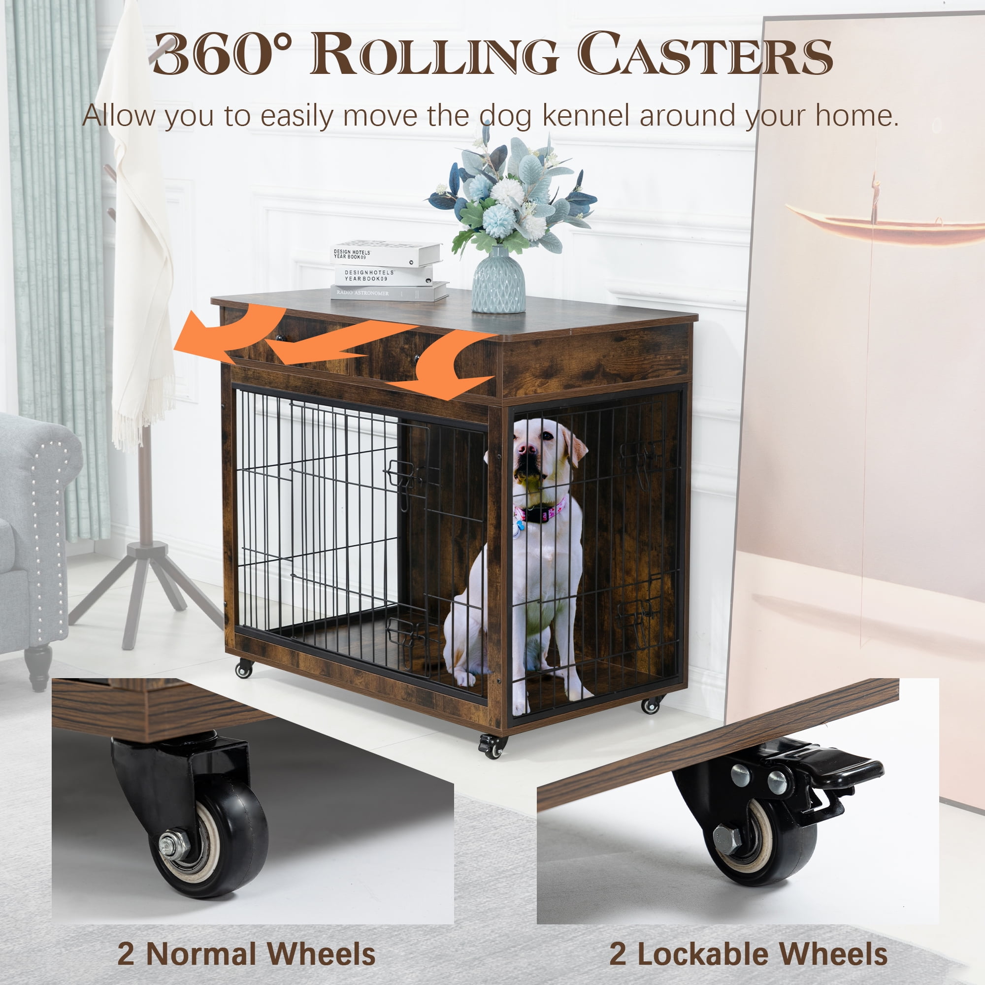 Pefilos 38" Wooden Dog Crate Furniture, Dog Kennel with Drawer, Indoor Dog House for Large Dog, Steel-Wire Dog Cage, Chew-Proof, Brown Pefilos 38" Wooden Dog Crate Furniture, Dog Kennel with Drawer, Indoor Dog House for Large Dog, Steel-Wire Dog Cage, Chew-Proof, Brown
