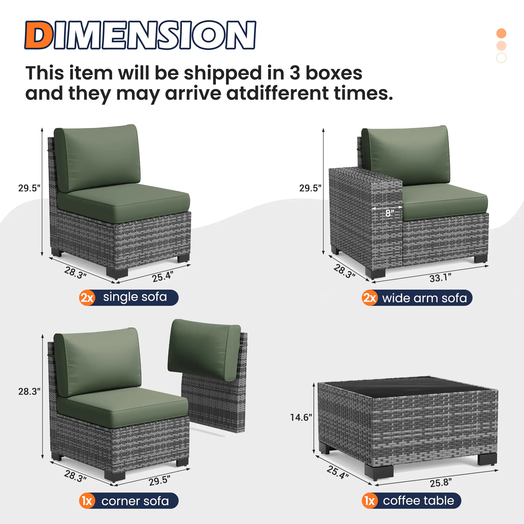 UDPATIO 6-Piece Patio Furniture Set, Outdoor Patio Sofa Set With Wide Armrest, All-Weather Wicker Rattan Guest Set With Cushion And Glass Table And Waterproof Cover, Grey &Green