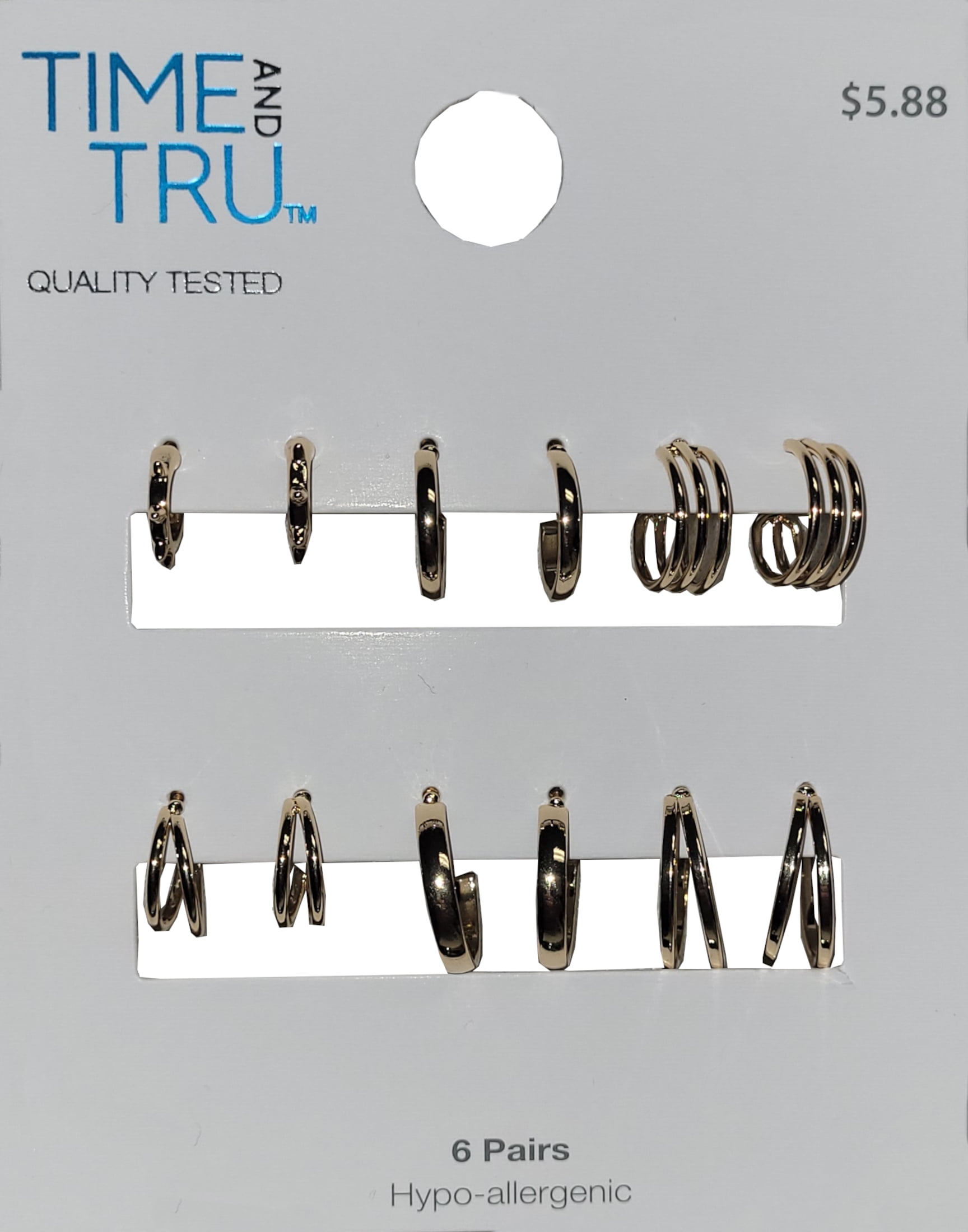 Time and Tru Women's Fashion Dainty 6 Pairs of Imitation Gold All Metal Hoops.