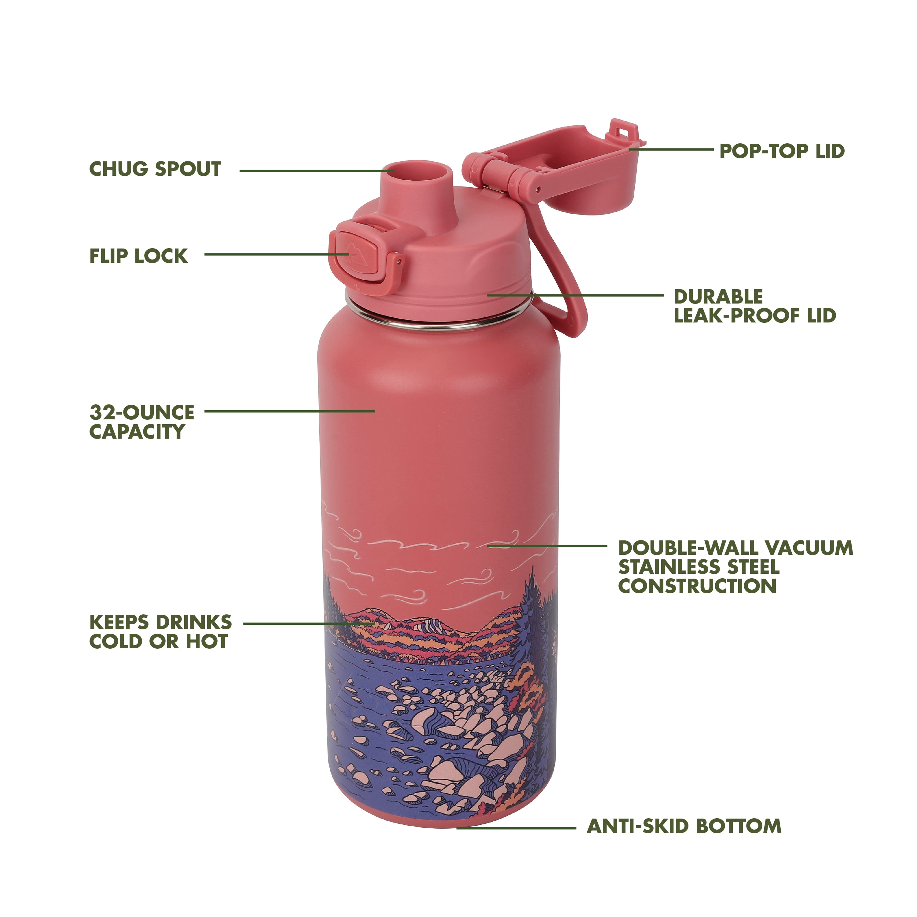 Ozark Trail 32 oz Stainless Steel Pop-Lid Insulated Water Bottle, Granite Coast