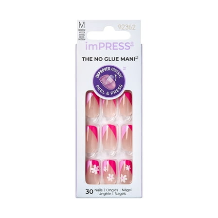 KISS imPRESS No Glue Needed Press On Nails, Design, Young Ones, Pink, Medium Squoval, 30 Count