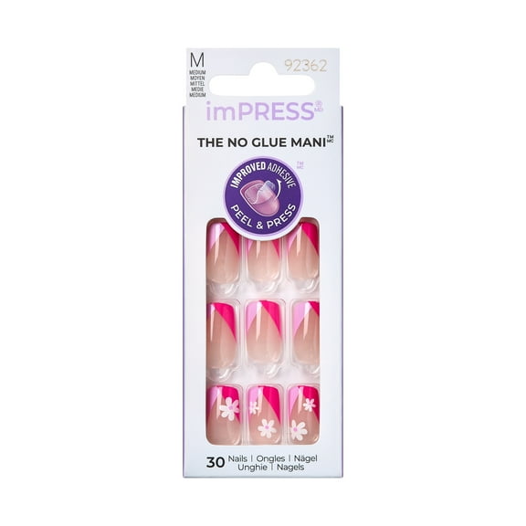 KISS imPRESS No Glue Needed Press On Nails, Design, Young Ones, Pink, Medium Squoval, 30 Count