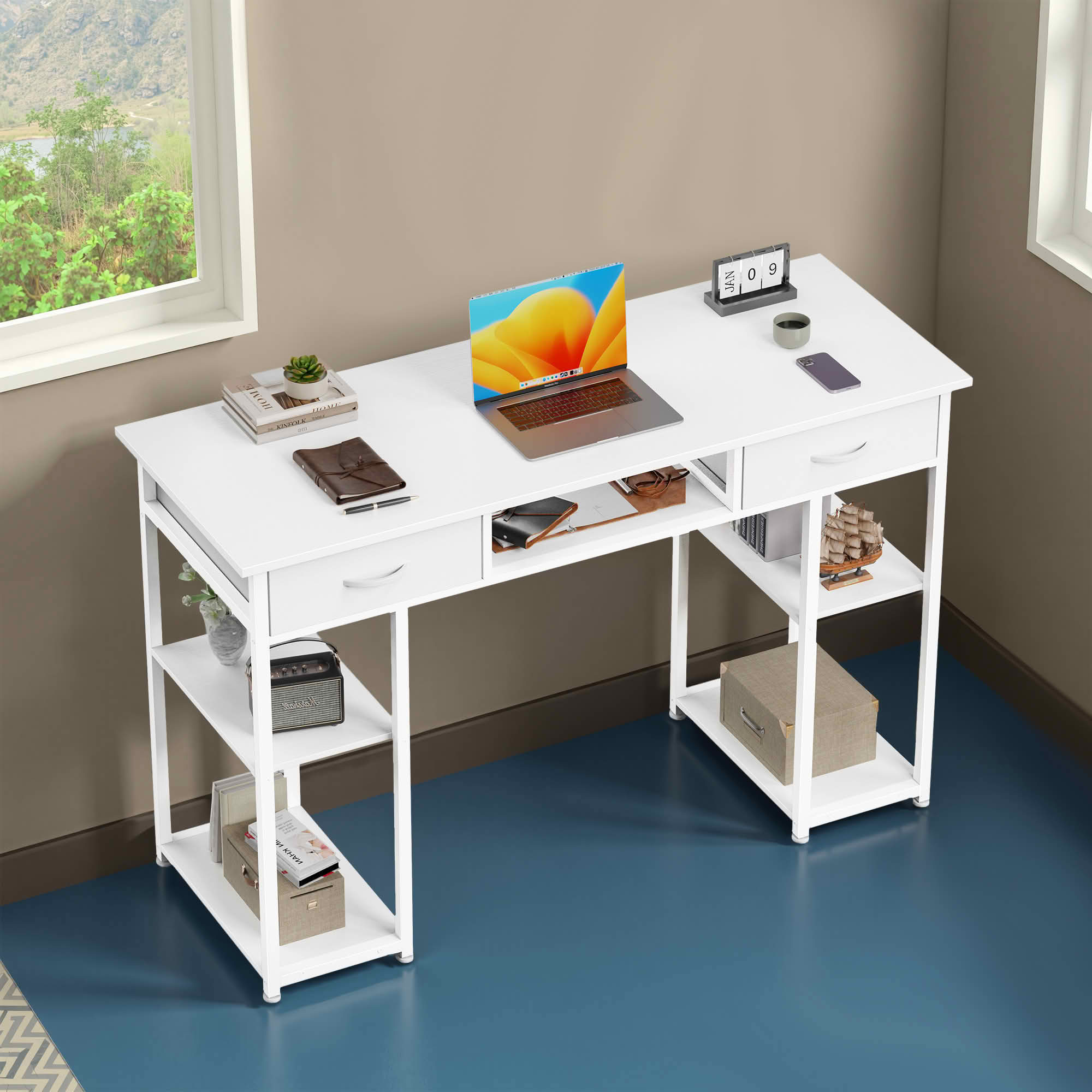 MAYEERTY 48in Adjustable Small Computer Desk, Metal Writing Study Table with Storage Headphone Hook, Home Office