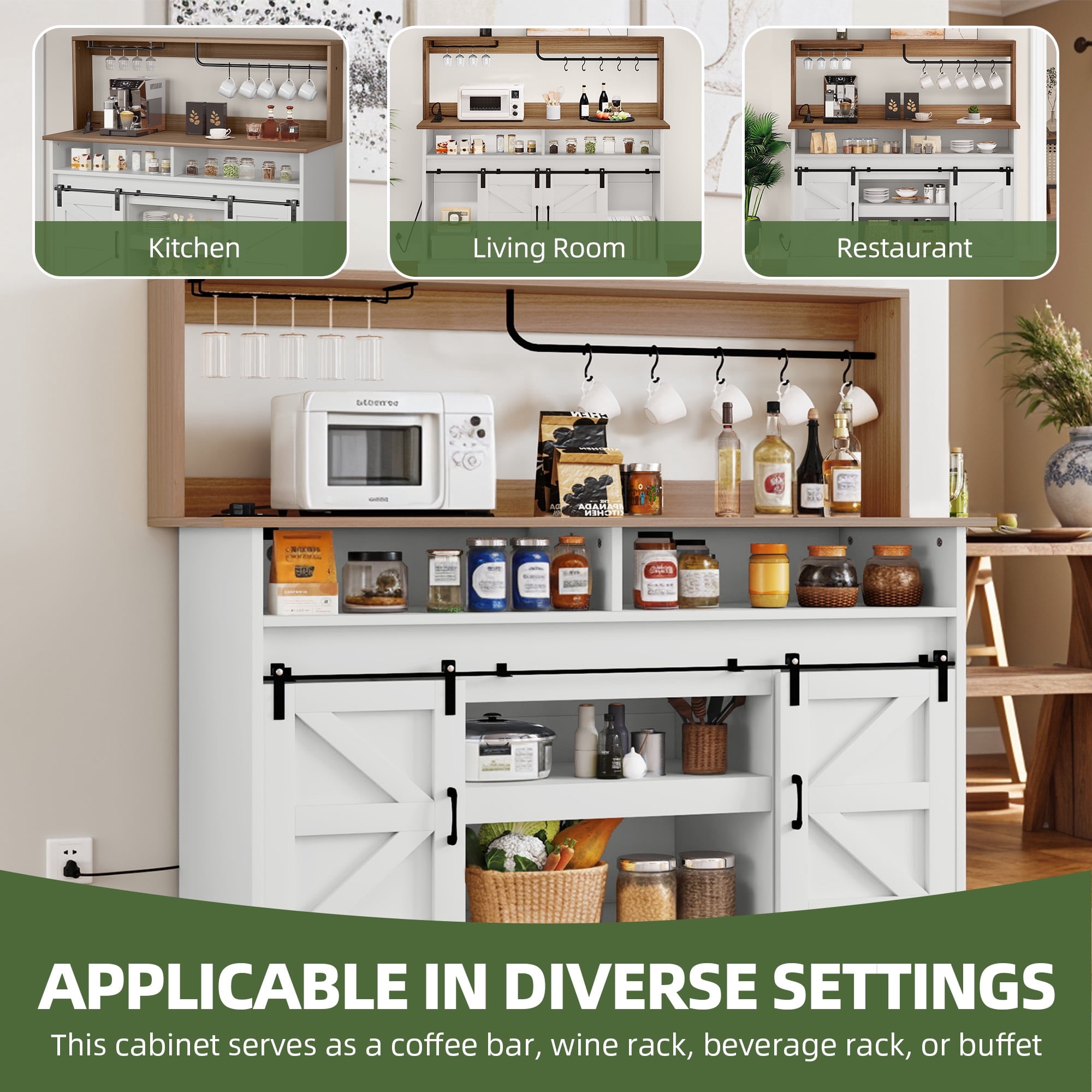 Uforic 52" Farmhouse Wine Cabinet, Sliding Barn Door Sideboard with Power Outlets & Goblet Holder (White)