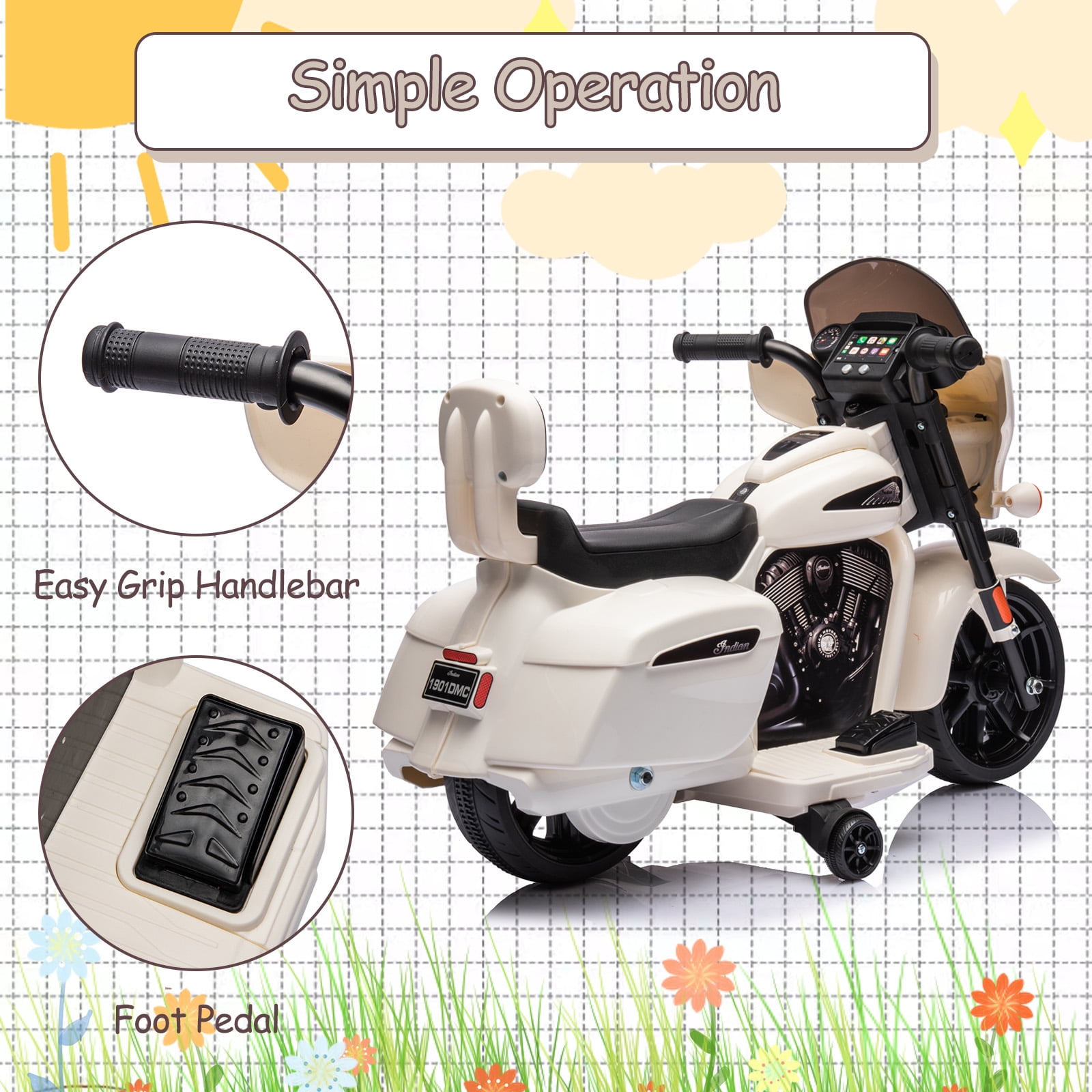 Eastvita 6V Kids Ride-On Dirt Bike Motorcycle, Music, Headlight, For Toddlers 1-4, Off-White