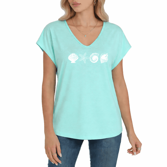 Cozymy Women's Minimal Seashell Starfish Beach Graphic V-Neck Short Sleeve Casual Summer Ocean T-Shirt