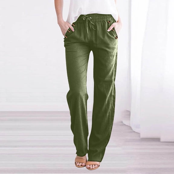 Zysthvn Cropped Lightweight Pants Women Straight Leg Casual with Pockets Womens Trousers Elastic Waist Solid Drawstring Loose