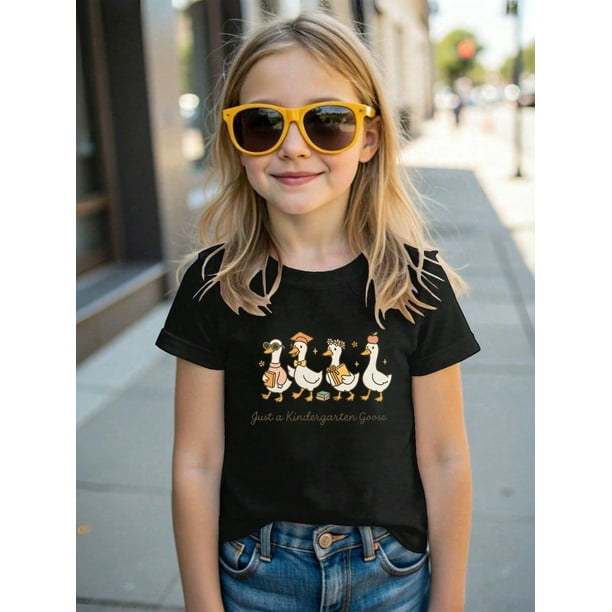 Girl's Back To School Pattern T-Shirt, Back To School Goose Pattern Girl T-Shirt, Soft and Comfortable Girl's Casual Fashion Top, Cute and interesting Pattern T-Shirt, Girls School uniform,Shirts For