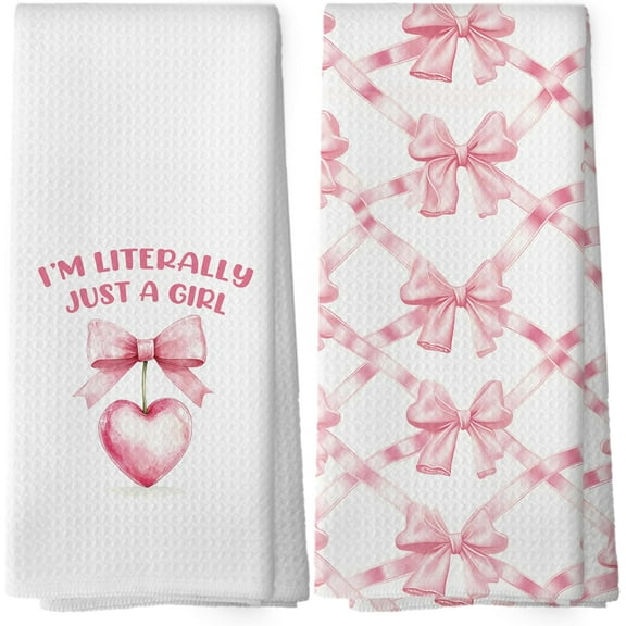 Coquette Trendy Bow Cherry Kitchen Towels - Pink Preppy Ribbon Dish Towels, Preppy Girly Bow Decorative Absorbent Dishcloths Hand Towels for Kitchen Dorm Decor 18x26 Inches