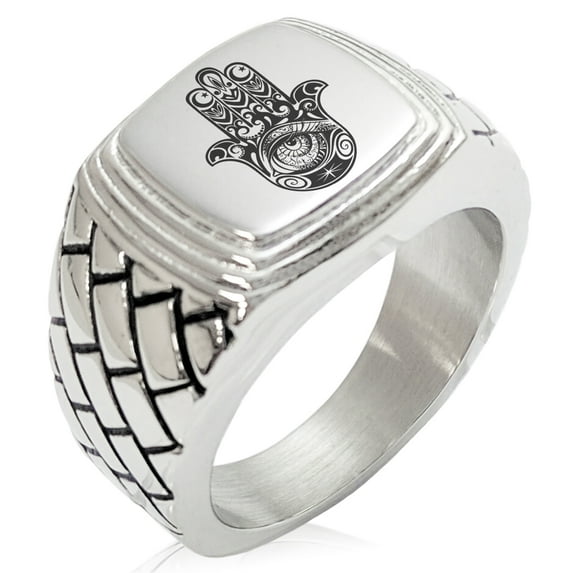 Stainless Steel Crescent Hamsa Hand of Fatima Geometric Pattern Step-Down Biker Style Polished Ring