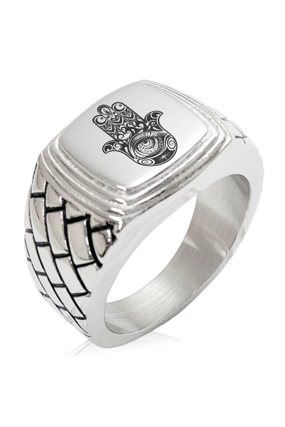 Stainless Steel Crescent Hamsa Hand of Fatima Geometric Pattern Step-Down Biker Style Polished Ring