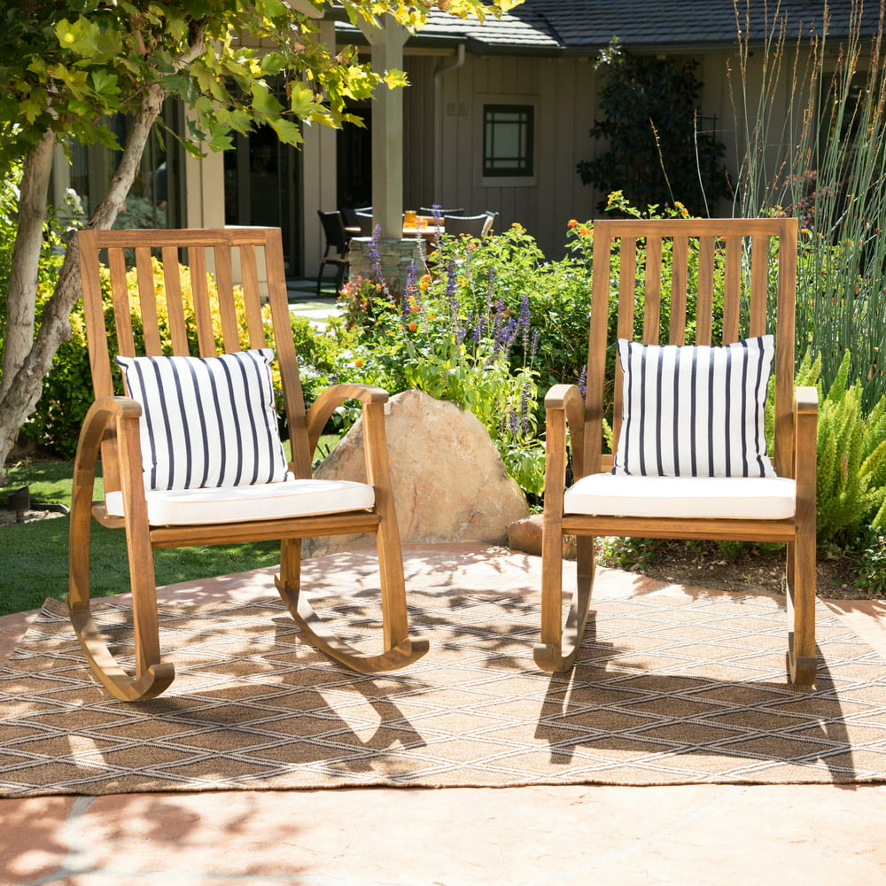 Corbin Outdoor Acacia Wood Rocking Chair with Cushions, Set of 2