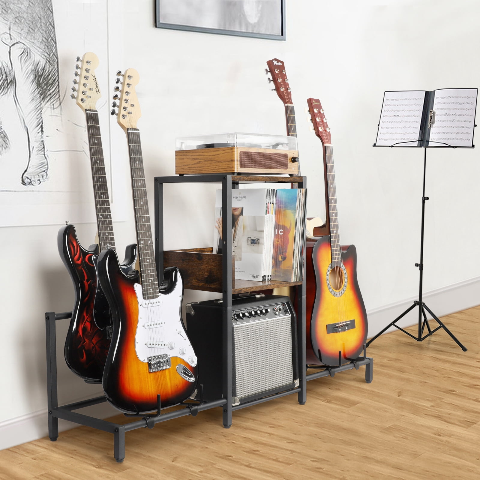 Olakee Adjustable 4-Tier Guitar Stand for Acoustic Electric Bass, with Wood Shelf for Amp Accessories Vinyl Records, Home Studio Rack (Patent)