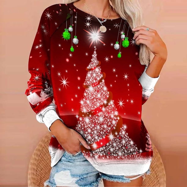 Pntutb Tops de mujer Suéter de cuello redondo con estampado navideño Blusa suelta Sudadera sin capucha Pntutb Pntutb-3526