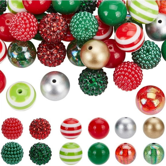 48Pcs Christmas Bubblegum Beads 20mm Chunky Bead Bulk Acrylic Resin Colorful Gum Ball Rhinestone Chunk Round Striped Beadable Pens Beads for Jewelry Making Pen Beading Bracelet Supplies