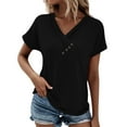 thumbnail image 2 of Black Plus Size Workout Tops For Women Ladies Casual V Neck Short Sleeve T Shirt Pleated Solid Color Button Top, 2 of 9