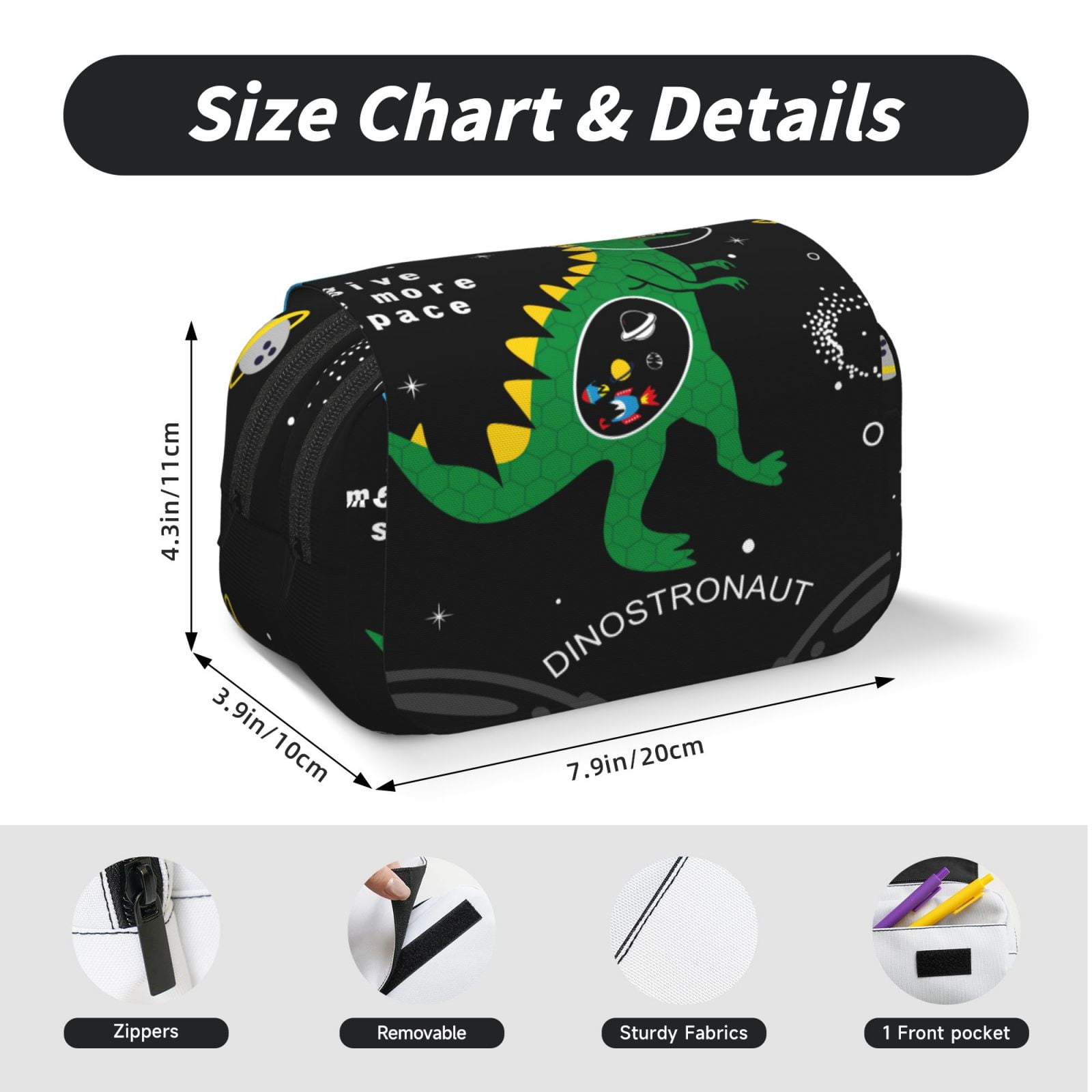 Rateoe Space Dino Cartoon Black Pattern Double Clamshell Pen Case, Storage Organizer with Two Zipper Compartments– Holds Up to 50 Pencils & Pens