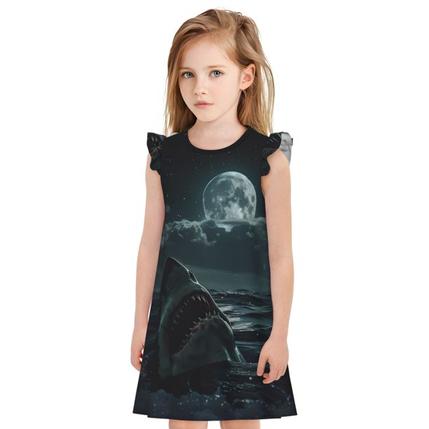 Balery Moonlit Night Sky Shark Camisón de princesa para niñas, pijama de algodón con mangas abullonadas, suave y bonito.-X-Large