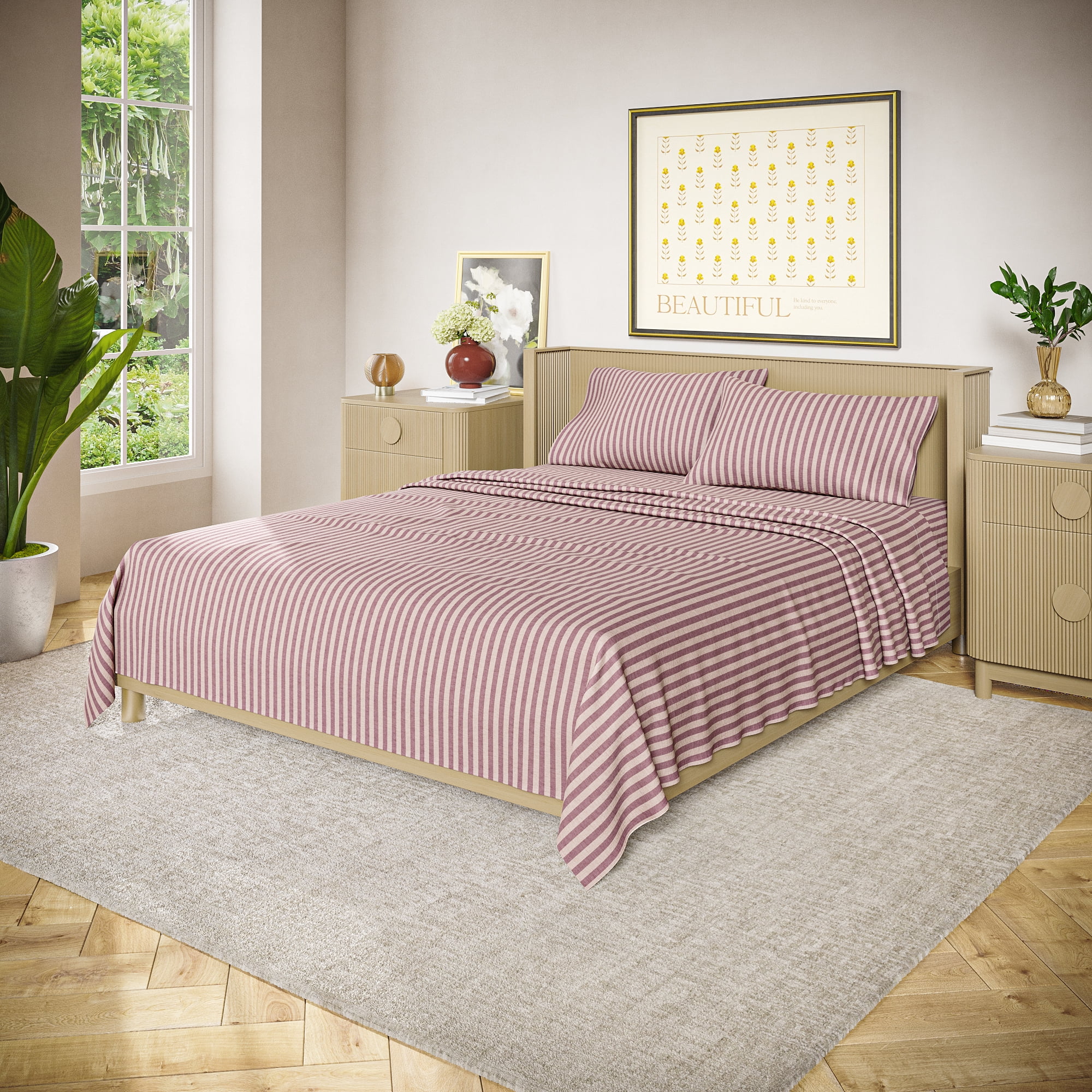 Beautiful Striped 3-Piece 100% Cotton Percale Rosé Pink Sheet Set, Twin by Drew Barrymore