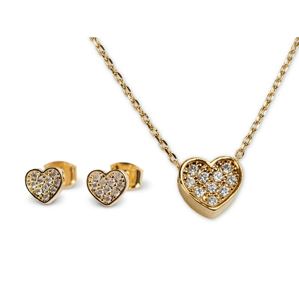 Juego de Joyería para Mujer de Corazón LuckyLy, Collar y Aretes Baño con Zirconia Cúbica, Modelo Melody dorado UNITALLA