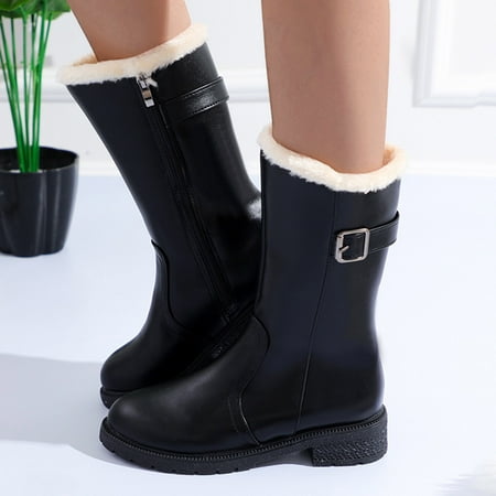 

Snow Boots Ladies Fashion Solid Color Leather Plush Cotton Boots Side Zipper Thick Heel Medium Boots