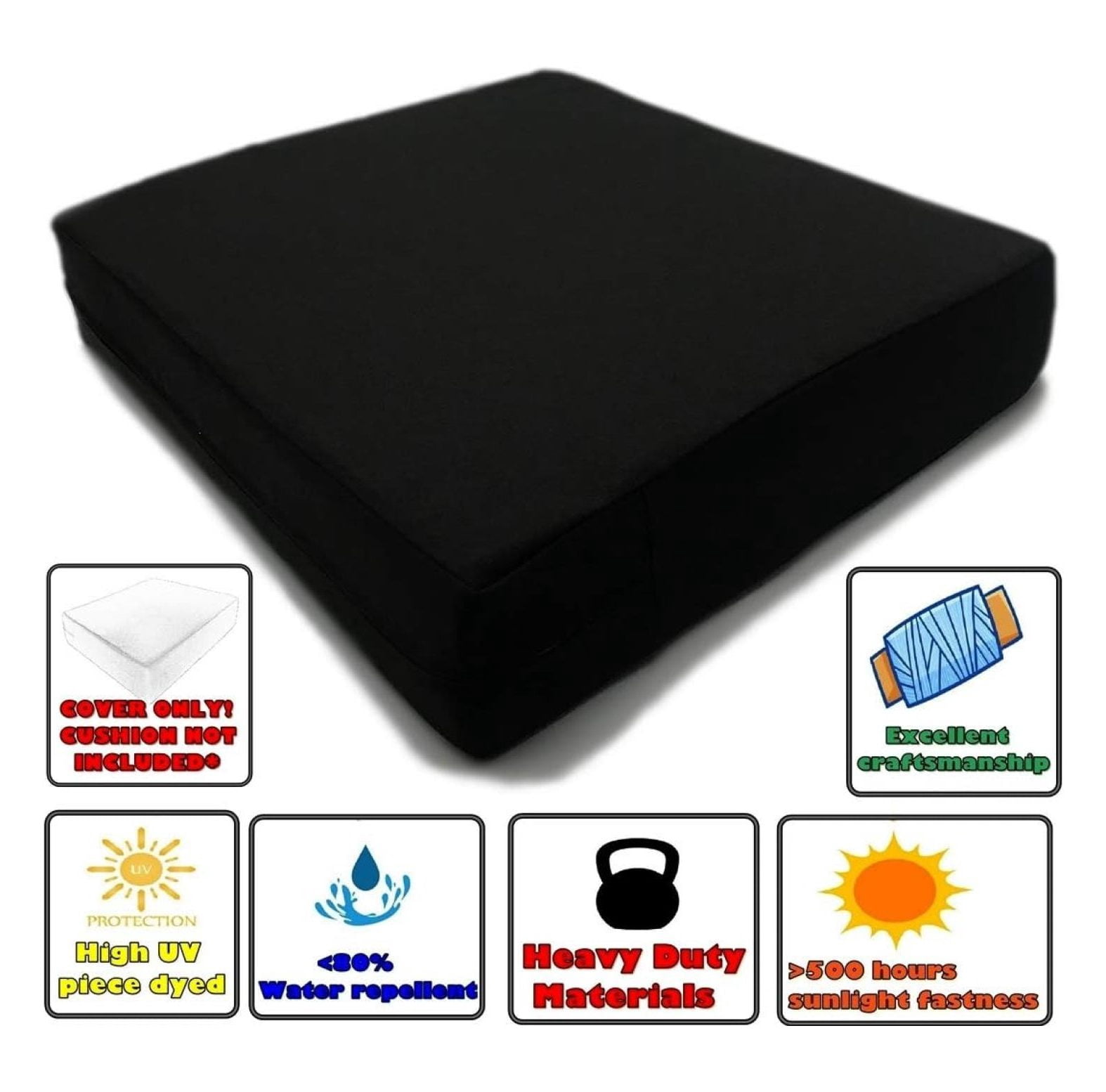 Indoor Outdoor Water High UV Resistant Patio Chair Cushion Cover (Just Black, 22"x20"x4" (2 Covers))