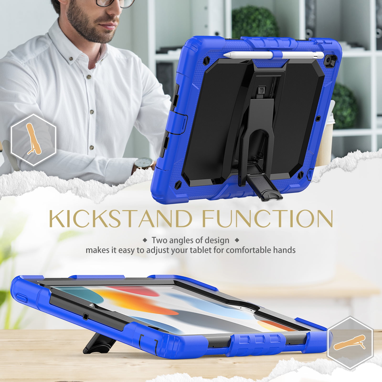 Shockproof Case for iPad Pro 10.5 2019/2017, Kids Friendly Dual Layer Shockproof Heavy Duty Rugged Hybrid Kickstand Protective Cover with Shoulder Strap & Pencil Holder, Blue