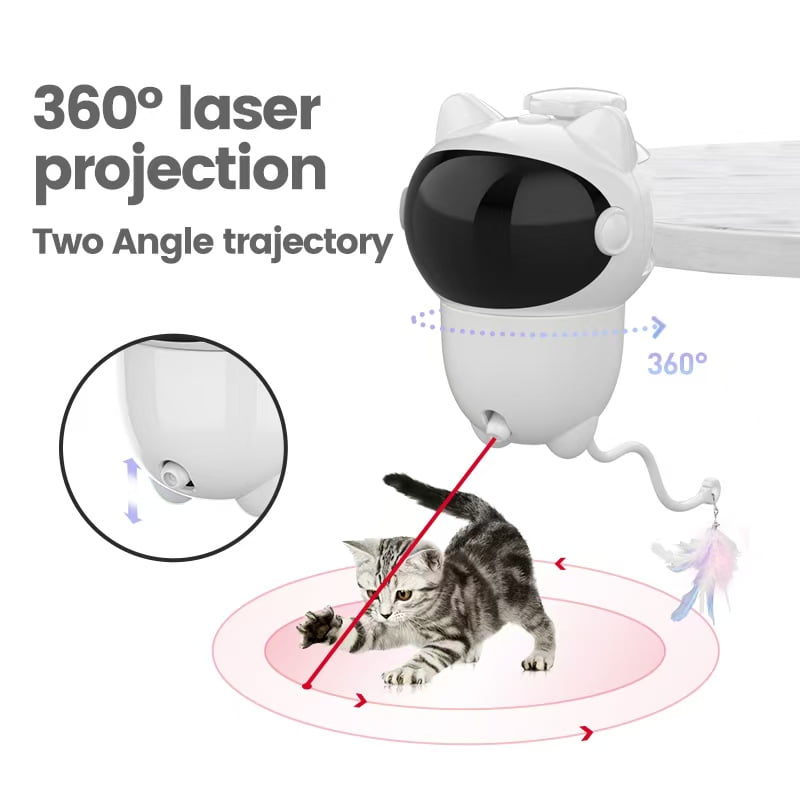 360° Rotating Laser Feather Cat Toy with 4 Replacement Pendents, White & Black Cat Head