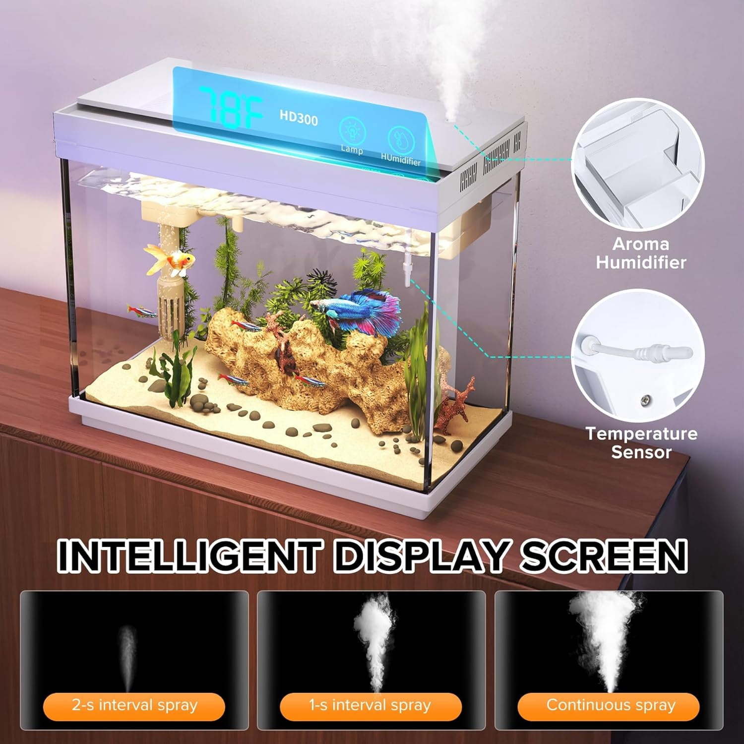 Fish Tank 2.4 Gallon Aquarium Kit with Humidifier 7-Color Auto-Looping 3 in 1 Quiet Pump with Filteration & Oxygenation & Circulation, Temperature Display, HD Glass