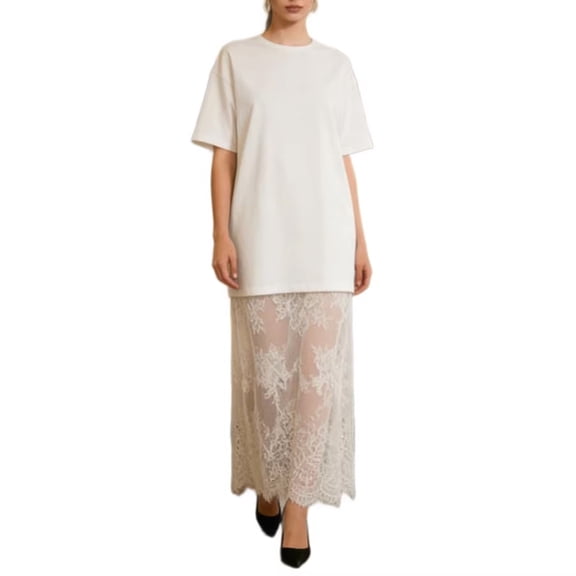 Levmjia Summer Plus Size Women Casual Dress Solid Color Lace Patchwork Short Sleeve Round Neck Loose Fit Soft Breathable Flowy Maxi Dress for Beach Vacation