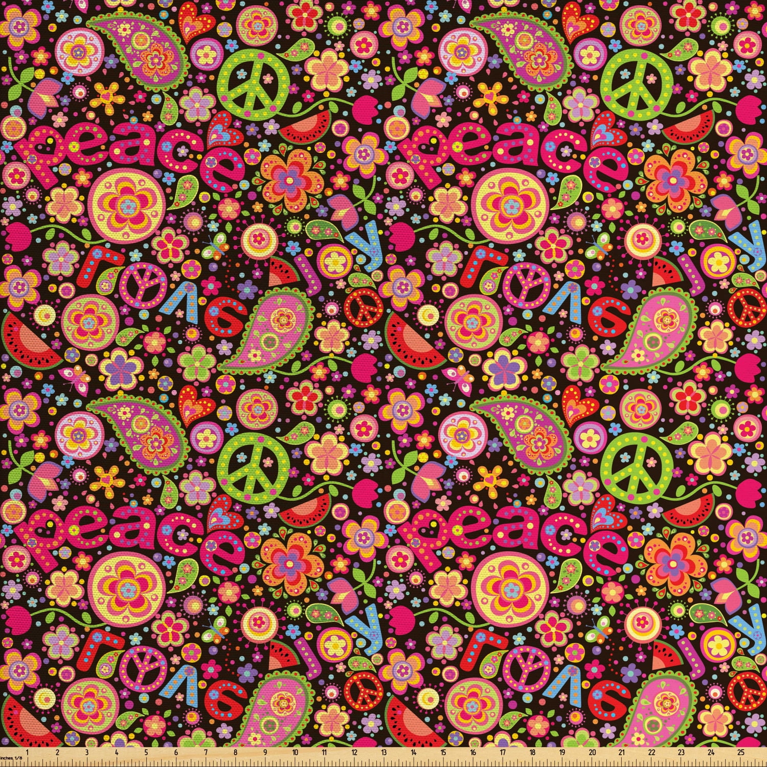 Groovy Fabric by The Yard, Hippie Colorful Paisley Leaves Music Keys