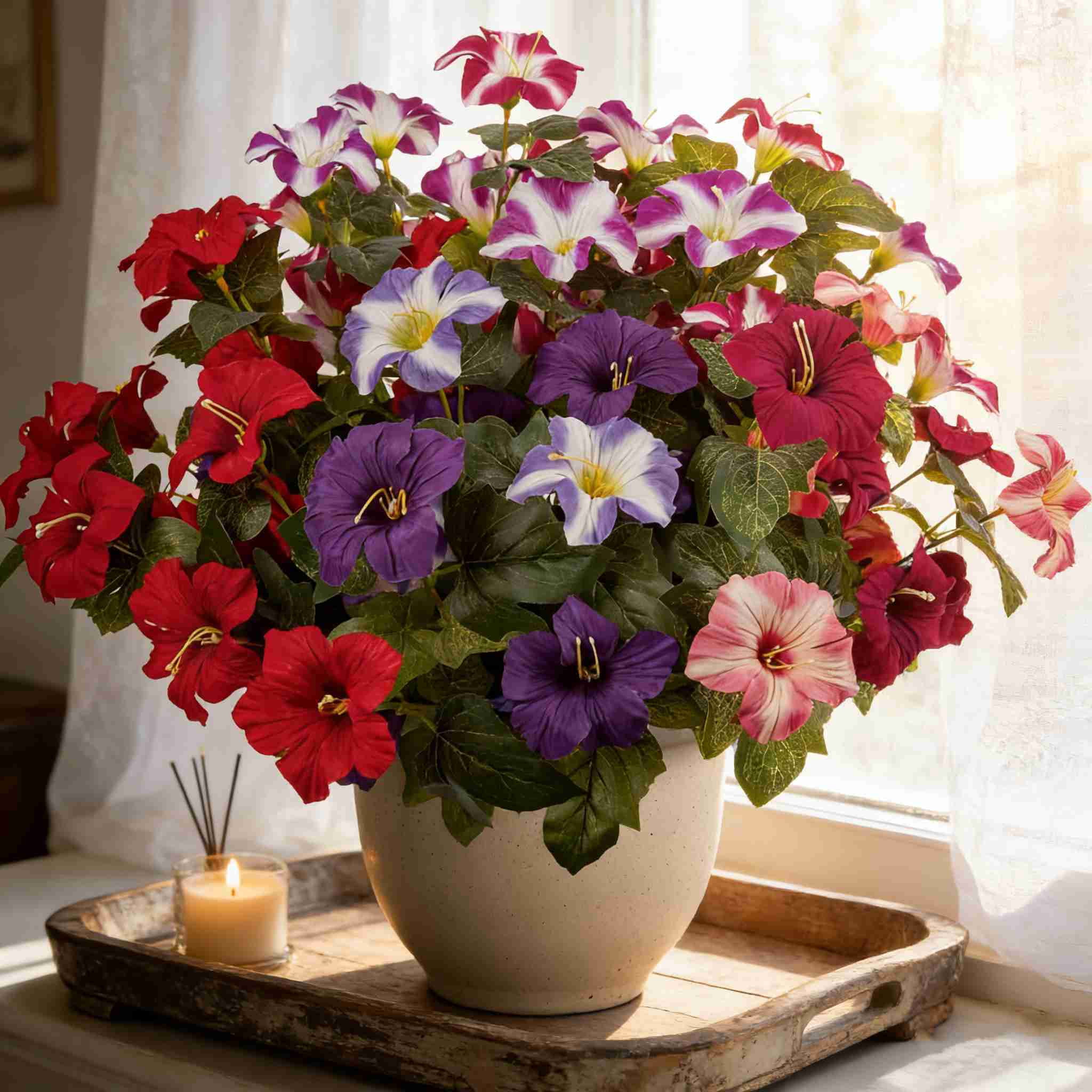 4Pcs Artificial Fake Flowers for Outdoor, 16.54" Faux Silk Petunias Spring Flowers for Indoor Porch Planter Front Door Garden Patio Window Box Home Decor(Mixed Colors)