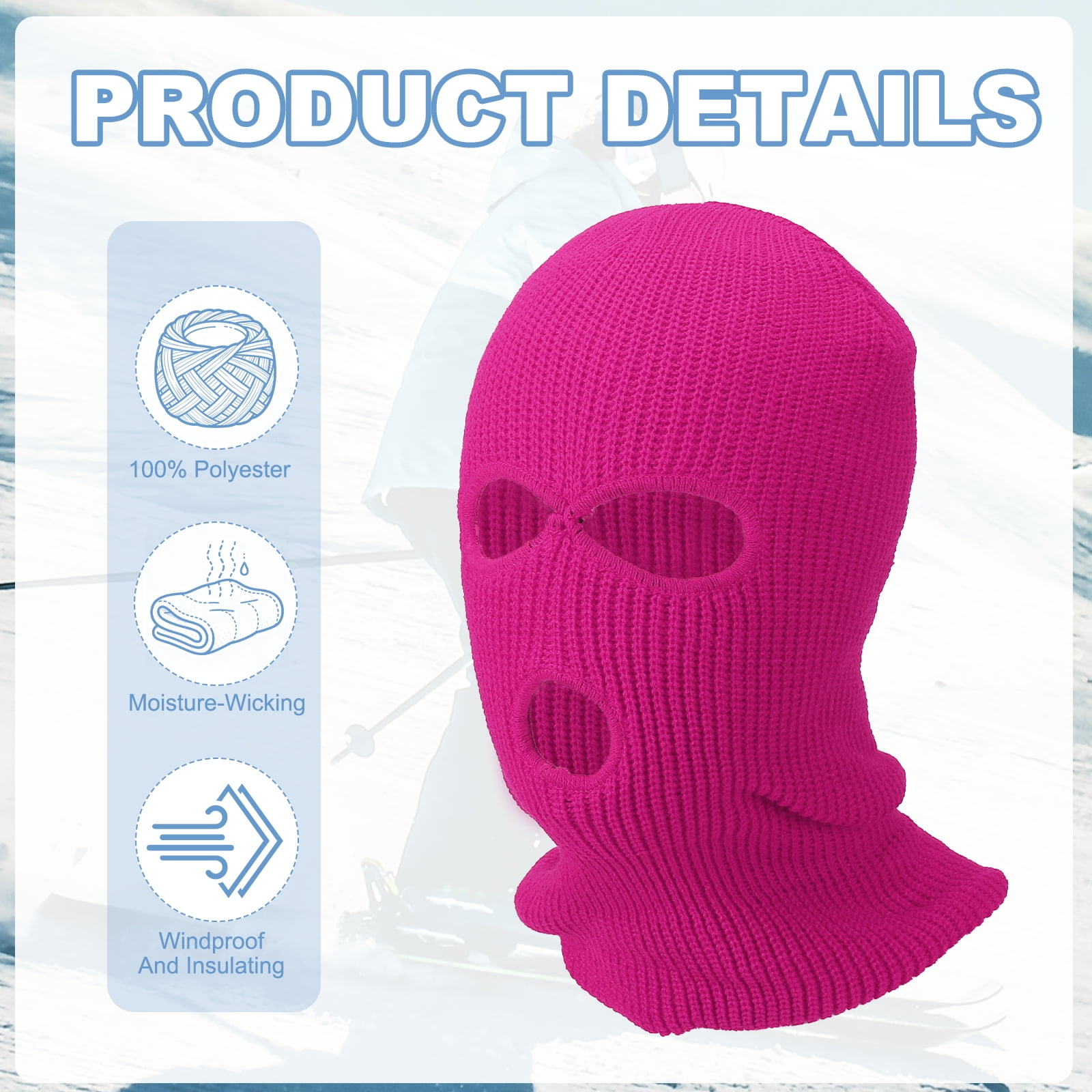Uxcell 3-Hole Full Face Mask Cover, Ski Mask Knitted Warm Knit Cover Winter Balaclava Face Mask Cap Ski Polyester& 2 Pcs& Rose Red -Fitting for ( Men/Women/Winter Outdoor Sports/Skiing)