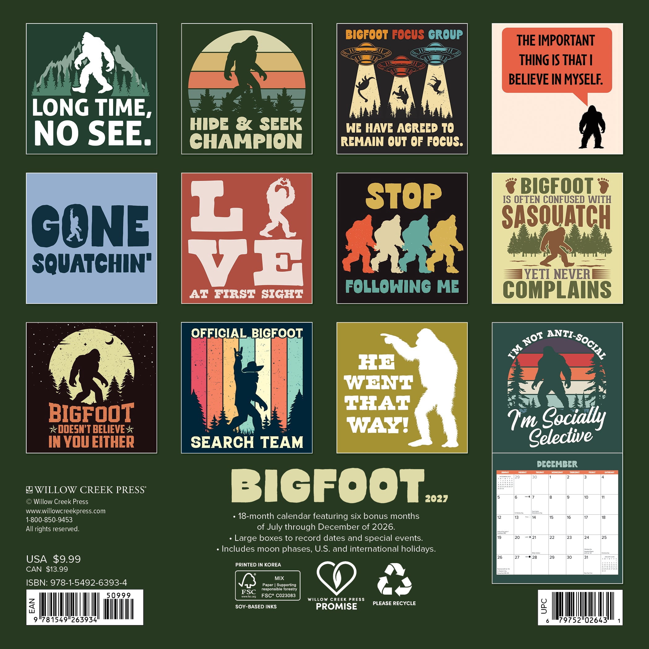 Willow Creek Press, Bigfoot 2027 Mini Wall Calendar
