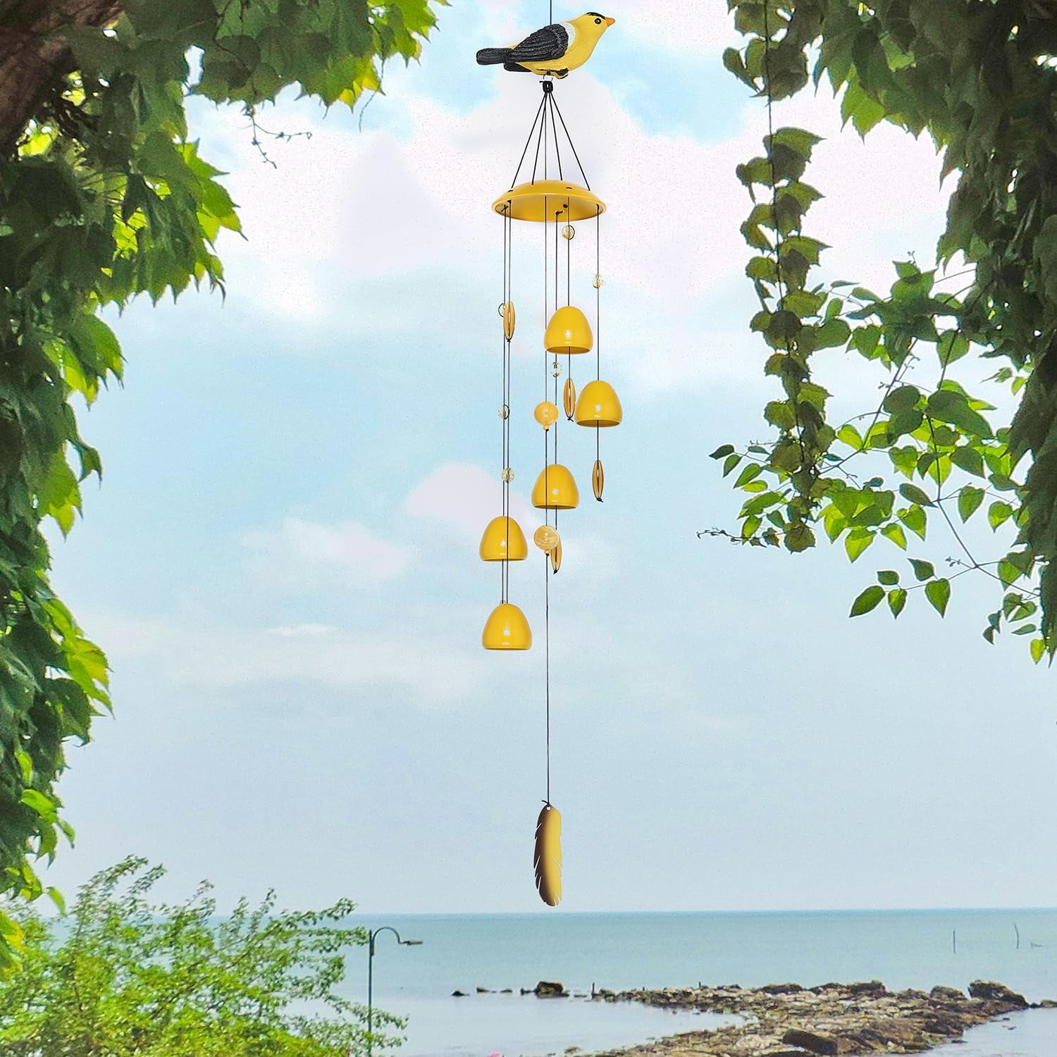 American Goldfinch Bird Wind Chimes with Bells, Large Unique Birds Chimes for Garden Backyard Church Hanging Decor, 40"