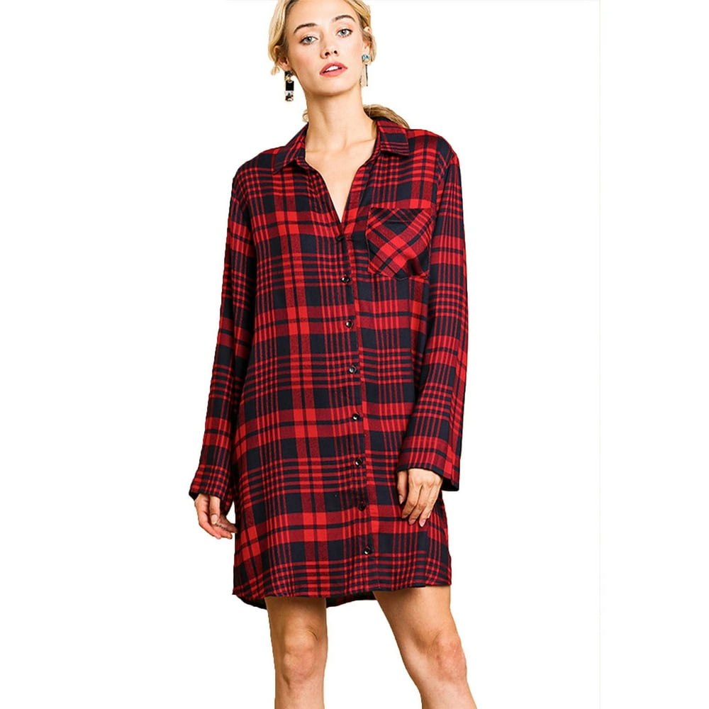 Umgee - Red Flannel Plaid Print Long Sleeve Button Front Dress Tunic ...