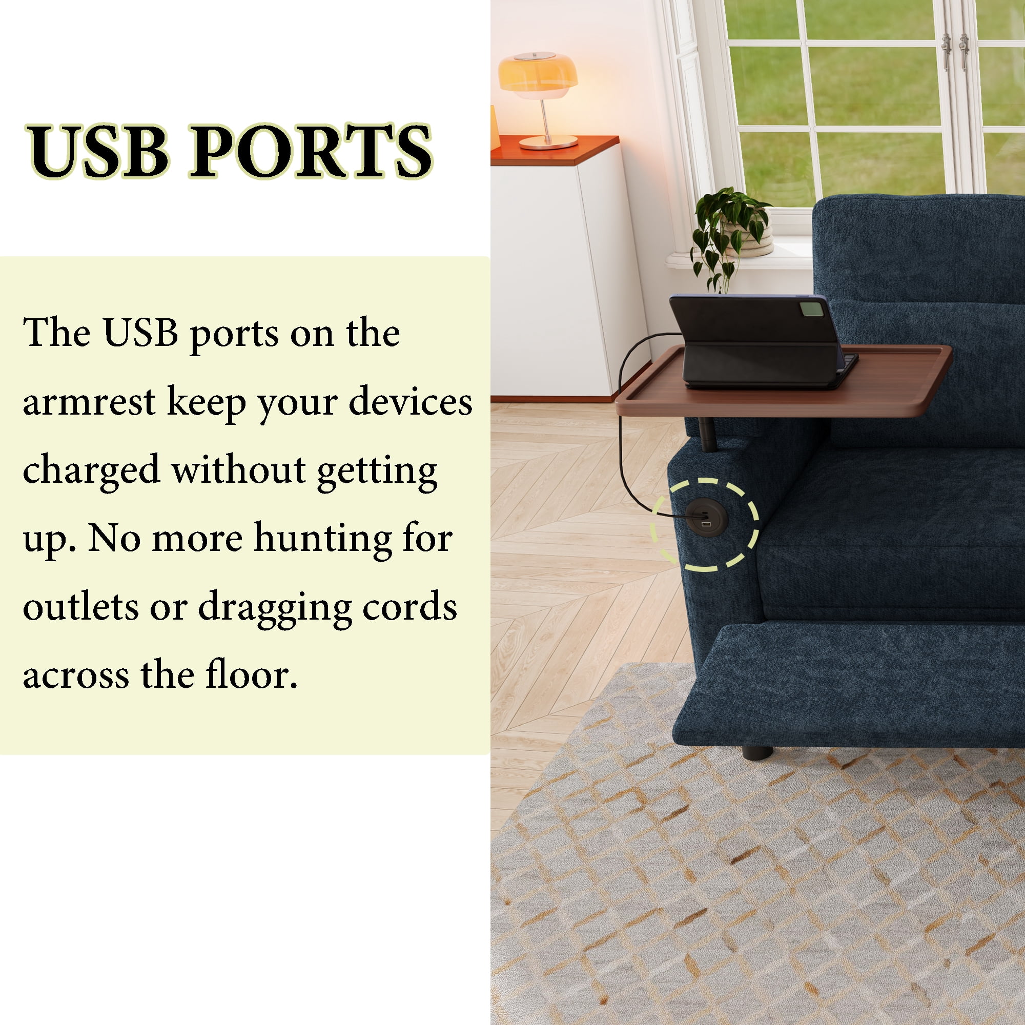83" 3-in-1 Chenille Foldable Sofa Bed with Electric Chair,USB Ports,Table Board,Storage Armrests & Adjustable Backrest,3-Seater Sleeper,Blue