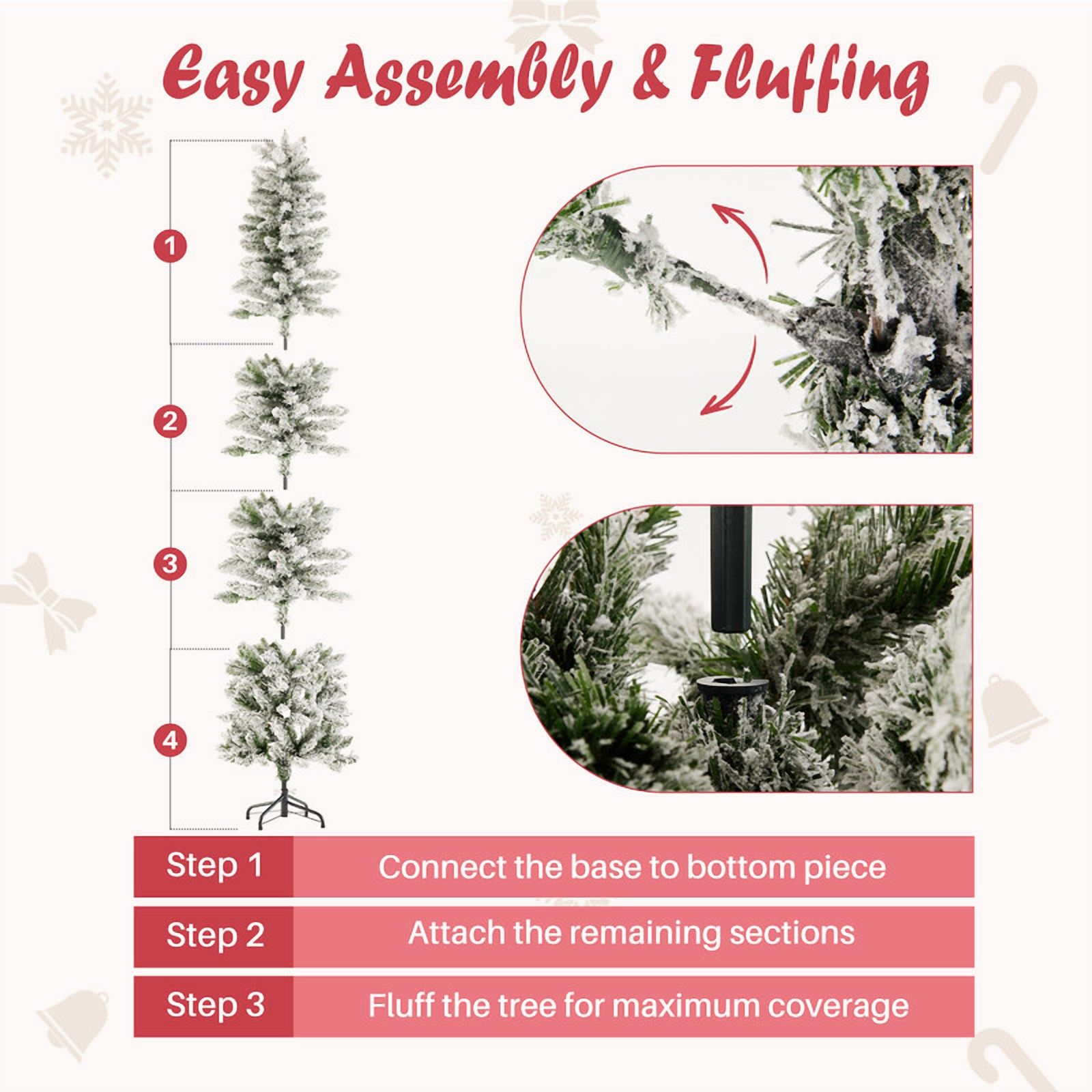 Gianna 9ft Snow Flocked Pencil Christmas Tree, Prelighted Artificial Slim Christmas Trees with 500 Incandescent Lights, 1100 Branch Tips & Foldable Base for Home, Office, Party Decoration