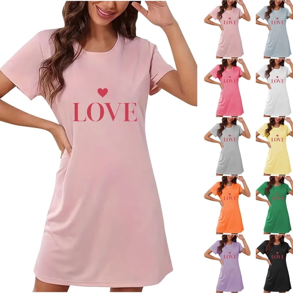 Sakmal Moo Moos for Women Nightgowns Valentines Cute Love Short Sleeve Pajama Dress Heart Print Short Womens Nightgown L