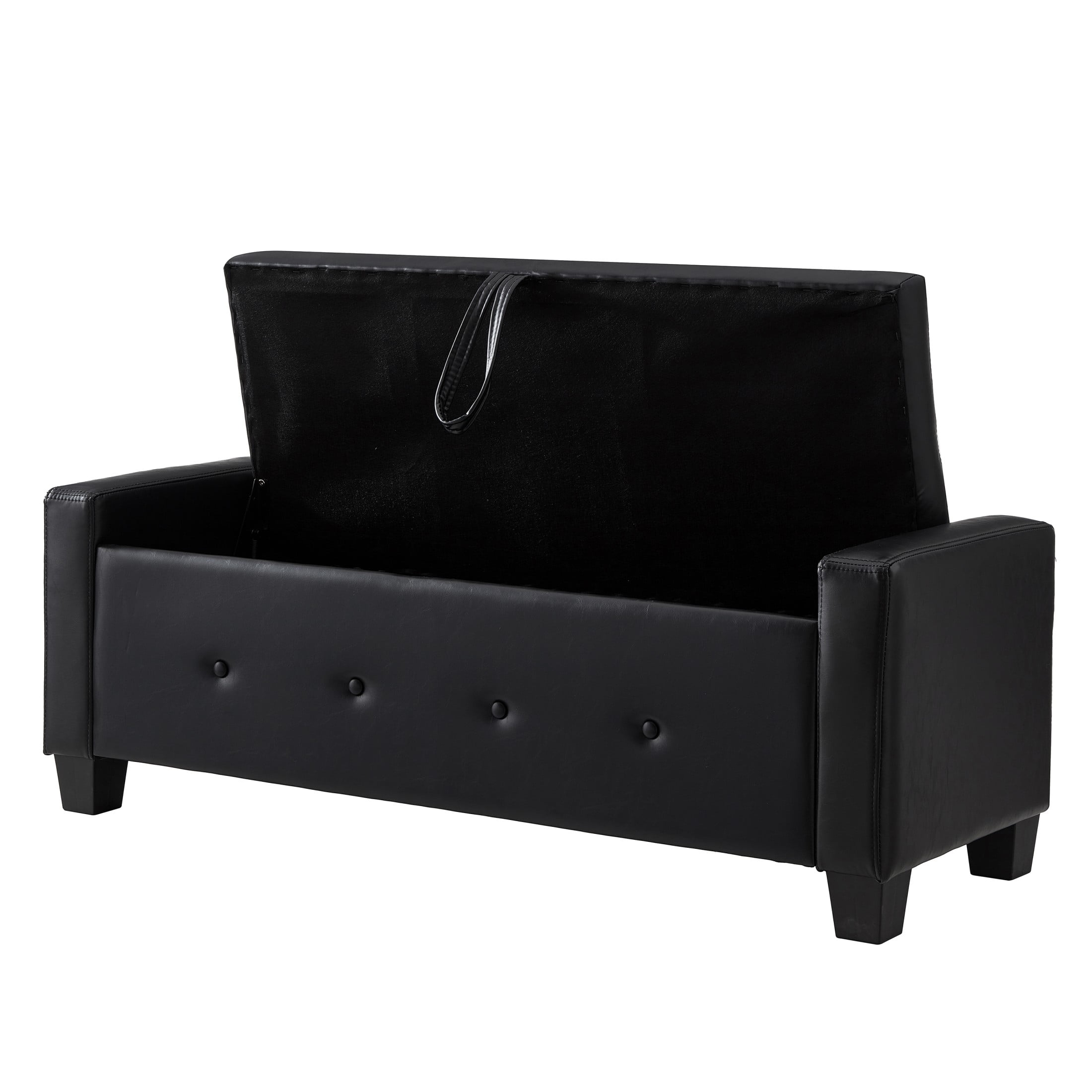 Aukfa 48" Storage Ottoman Bench with Safety Hinges, Upholstered Tufted Faux Leather Bench for Bedroom, Living Room & Entryway, Black