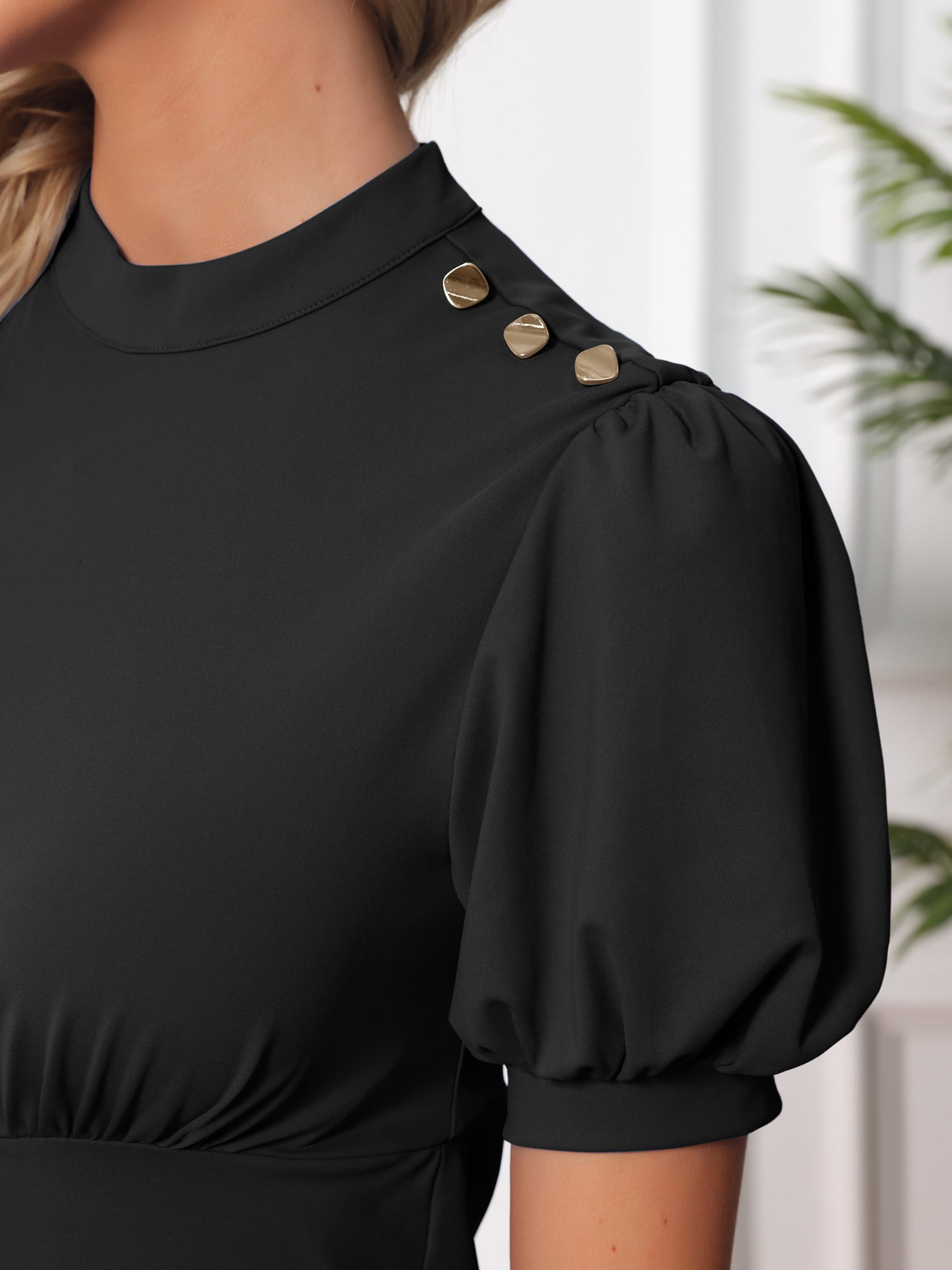 DARING DIVA Women's Maternity Mock Neck Puff Sleeve A-Line Work Dress M Black