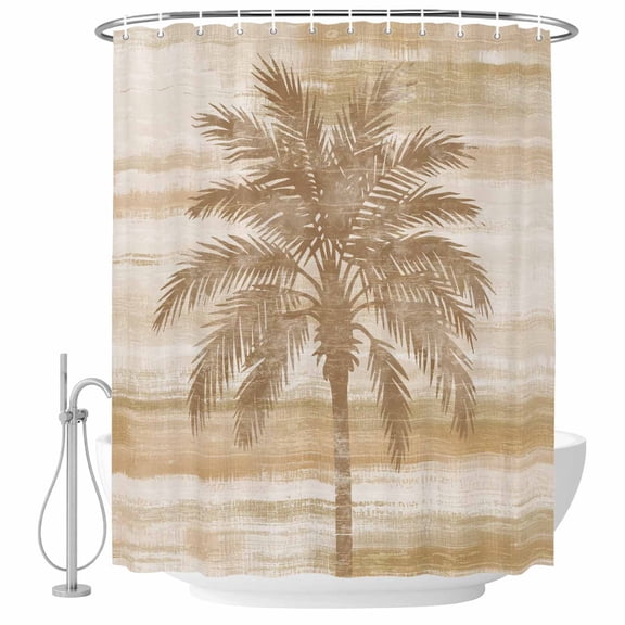 Summer Beach Palm Tree Shower Curtain Set with Hooks, Coastal Nautical Tropical Ocean Brown Trees Leaf Water Repellent Shower Curtains for Bathroom Decor, Washable Sturdy Shower Curtain 72x78 Inch