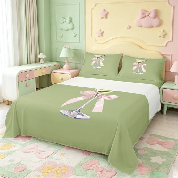 Manfei Cute Bowknot Goblet Bed Sheets,Pink Girly Bowtie Full Size Sheets,4pcs,1 Flat Sheet,1 Fitted Sheet and 2 Pillowcases