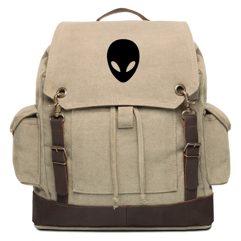 Sci-Fi Alien Head Vintage Rucksack Backpack with Leather Straps, Khaki & Bk - image 1 of 4