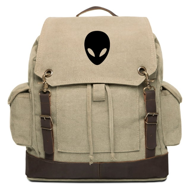 Sci-Fi Alien Head Vintage Rucksack Backpack with Leather Straps, Khaki & Bk