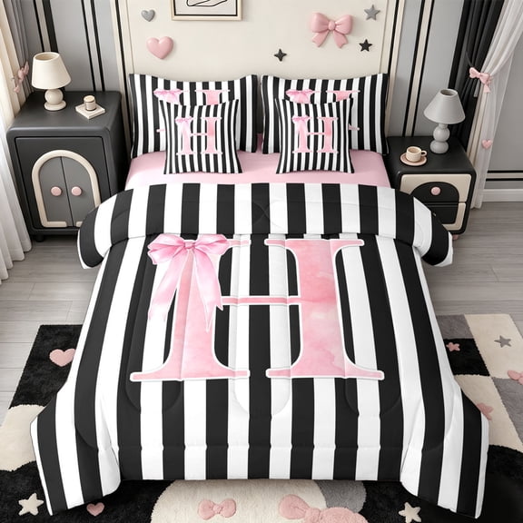 Manfei Minimalist Geometric Lines 7-Piece Twin Bedding,Initial Alphabet Bedding Comforter Set,Pink Reversible